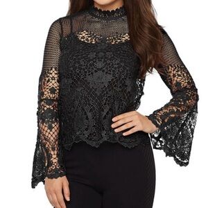 Bold Elements black lace top with long bell sleeves and back zipper